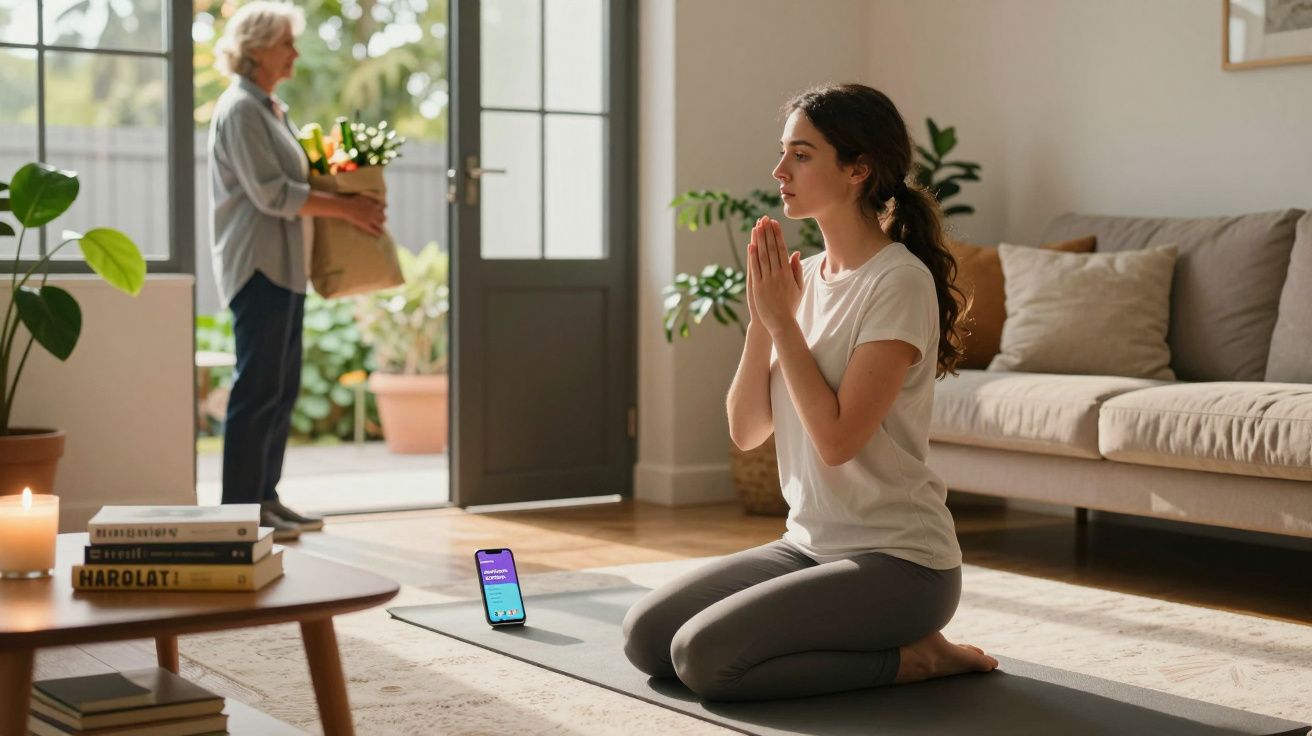 Mulher jovem a meditar num tapete de yoga em casa, com idosa a entrar pela porta com sacola de compras.