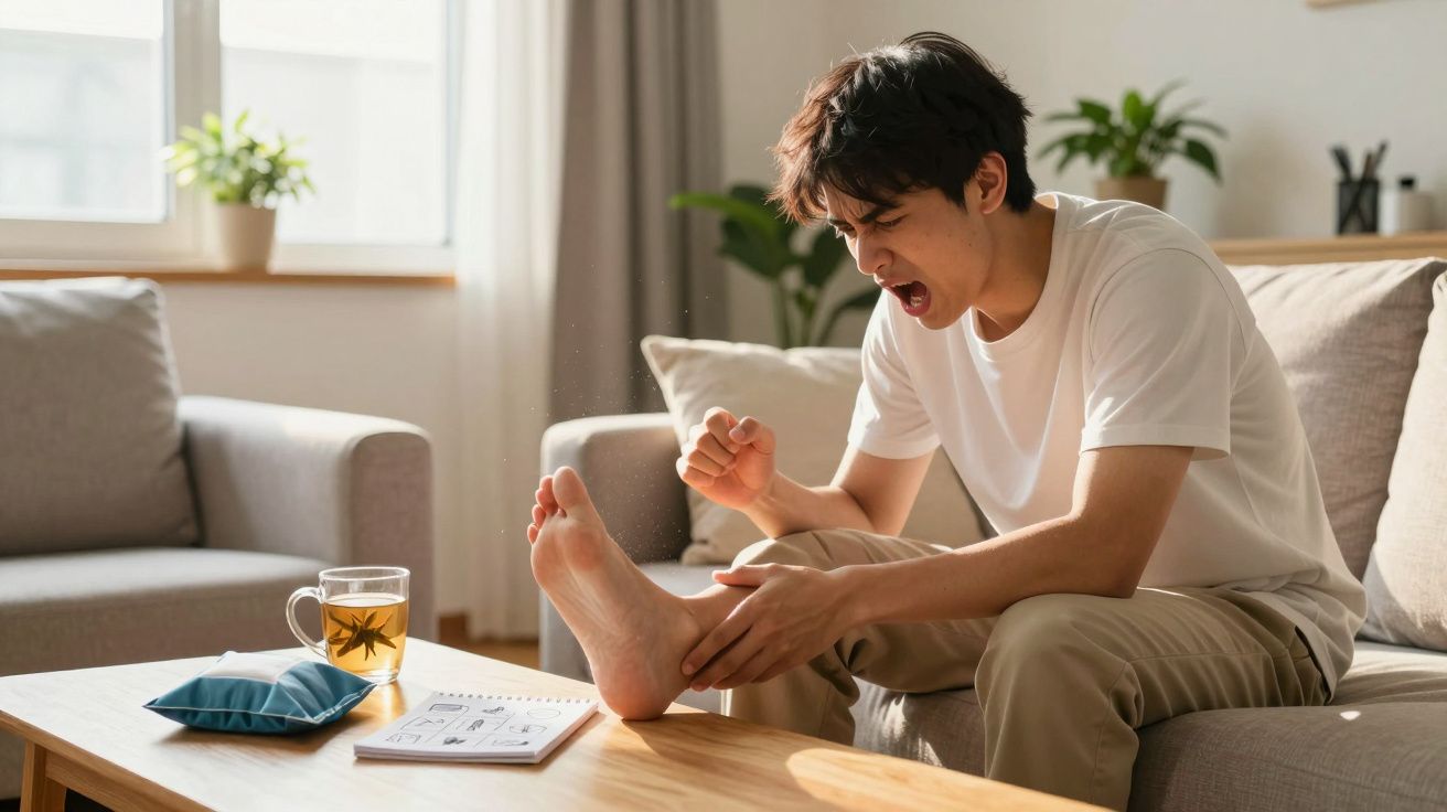 Homem sentado no sofá a segurar e olhar para o pé com expressão de dor intensa.