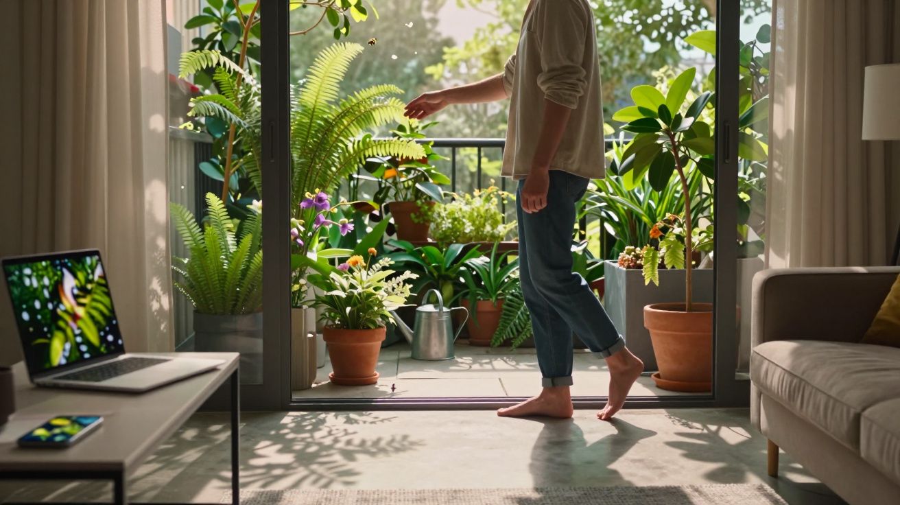 Pessoa descalça junto a uma varanda com várias plantas em vasos e um regador, com laptop e telemóvel numa mesa.