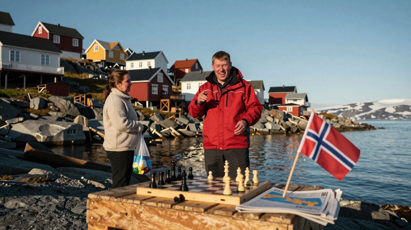 Duas pessoas junto ao mar a jogar xadrez num tabuleiro rústico, com casas coloridas e bandeira da Noruega ao fundo.