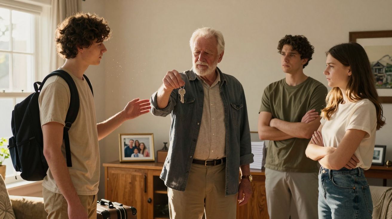 Homem idoso entrega chave para jovem com mochila dentro de casa, duas pessoas observam de braços cruzados.