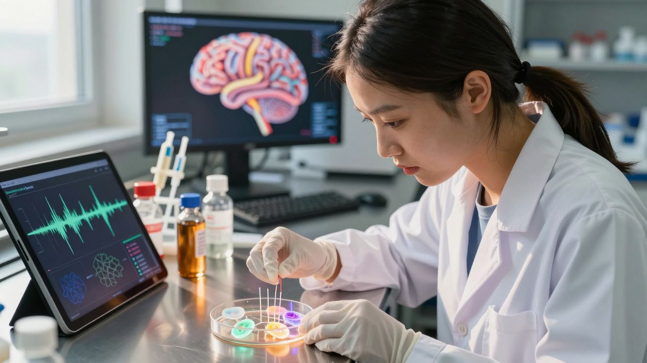 Investigadora em laboratório a analisar amostras coloridas com monitores de cérebro e dados científicos ao fundo.