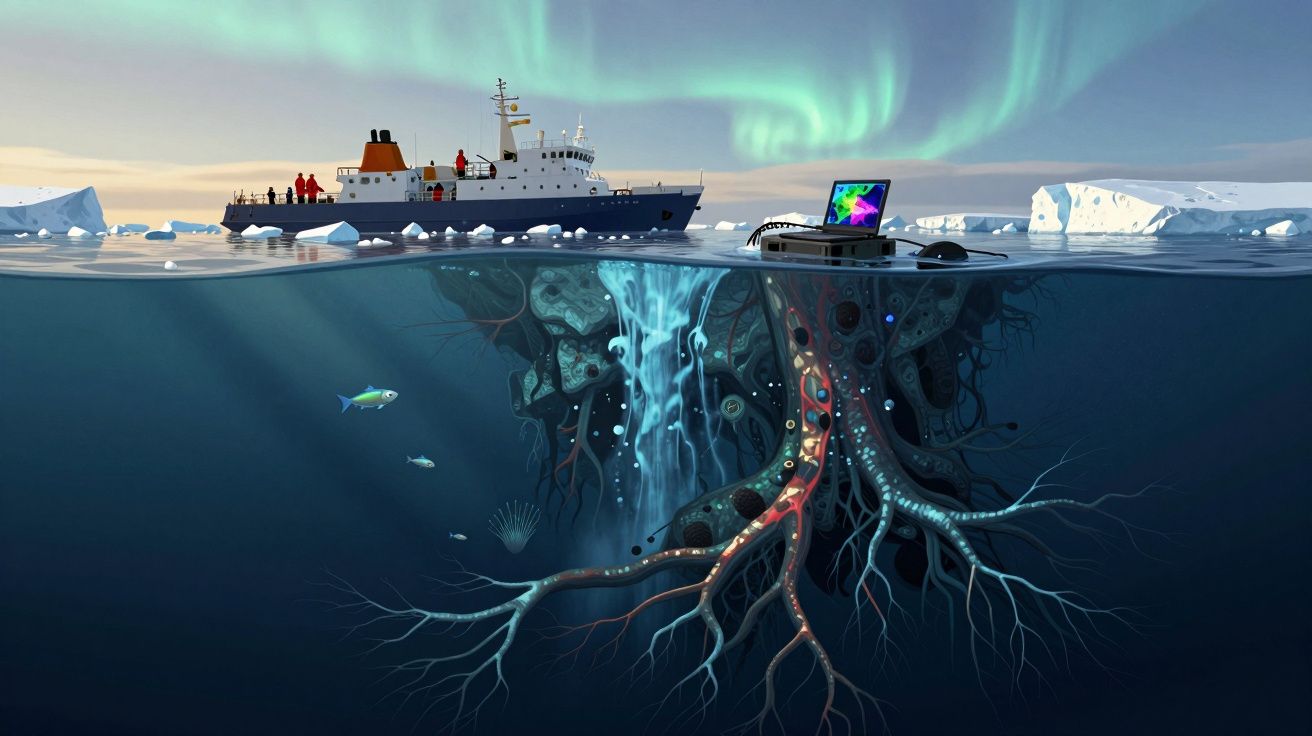 Navio de investigação polar sobre o mar com raízes subaquáticas gigantes e aurora boreal ao fundo.