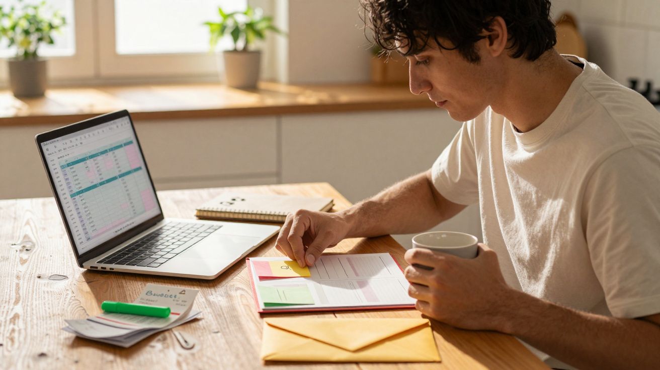 Jovem a trabalhar em organização de tarefas com notas adesivas, computador portátil e caneca à mesa.