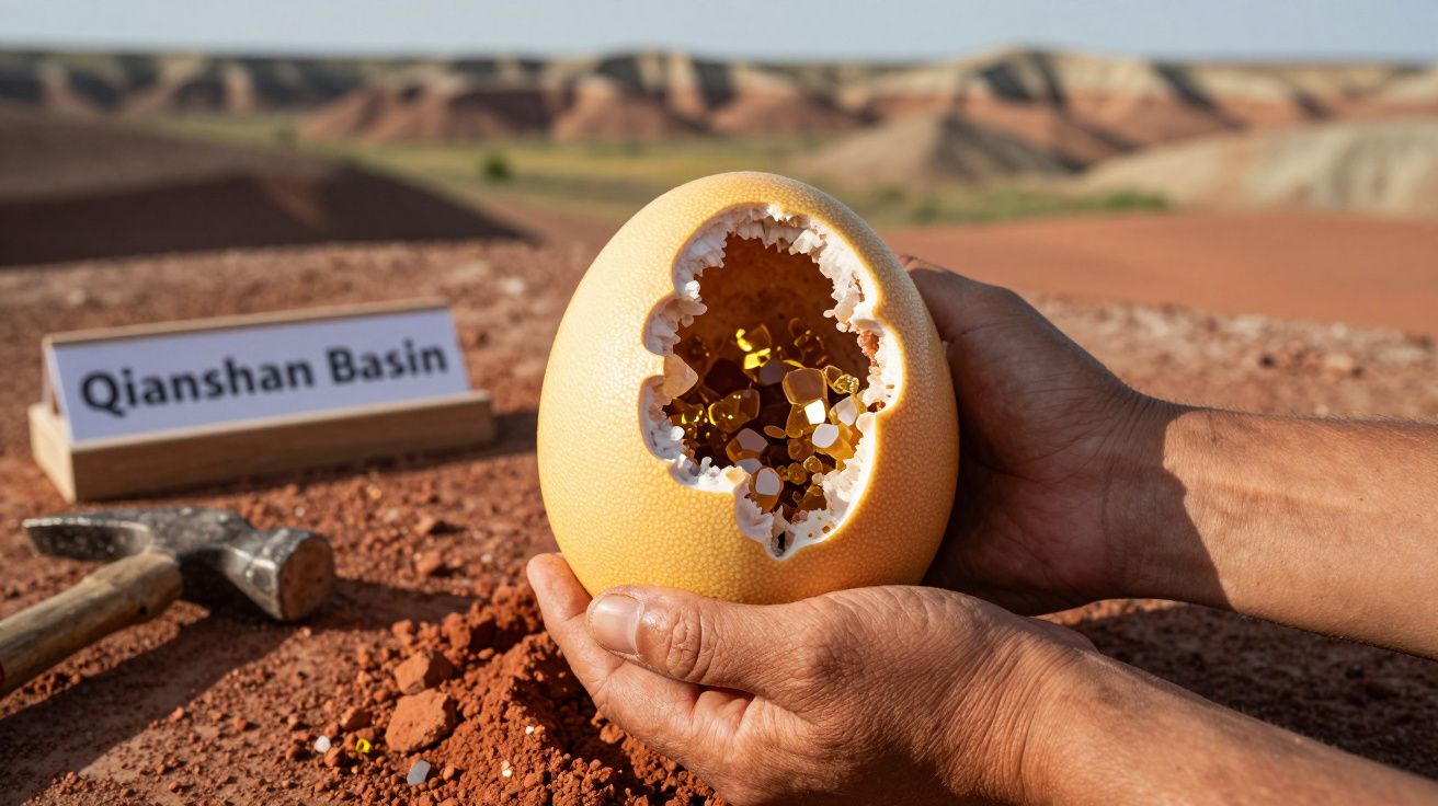 Mãos seguram geodo amarelo aberto com cristais dourados brilhantes, em solo vermelho na Bacia de Qianshan.