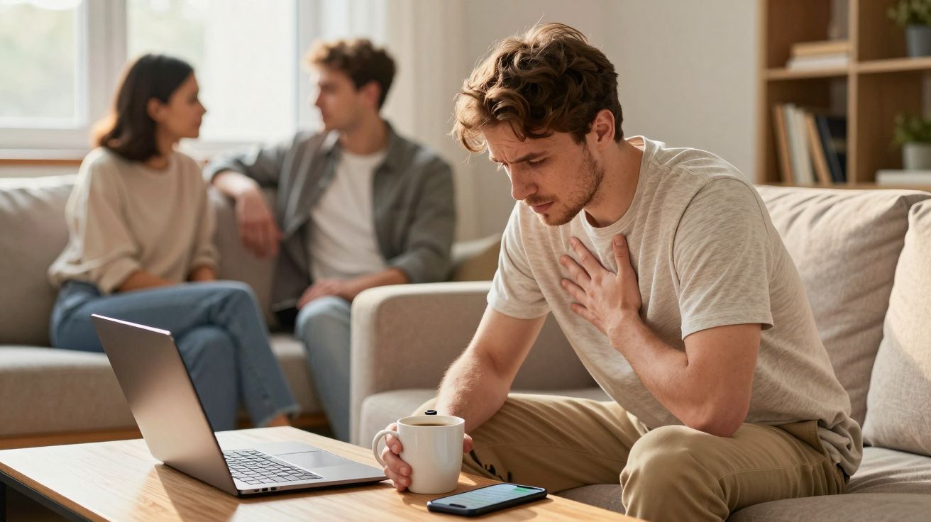 Homem sentado no sofá com expressão de dor no peito, segurando uma caneca, enquanto casal conversa ao fundo.