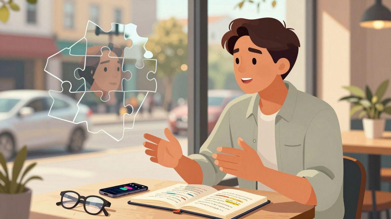 Homem jovem sentado numa mesa com livro aberto, telefone e óculos, falando e olhando para um holograma de puzzle.