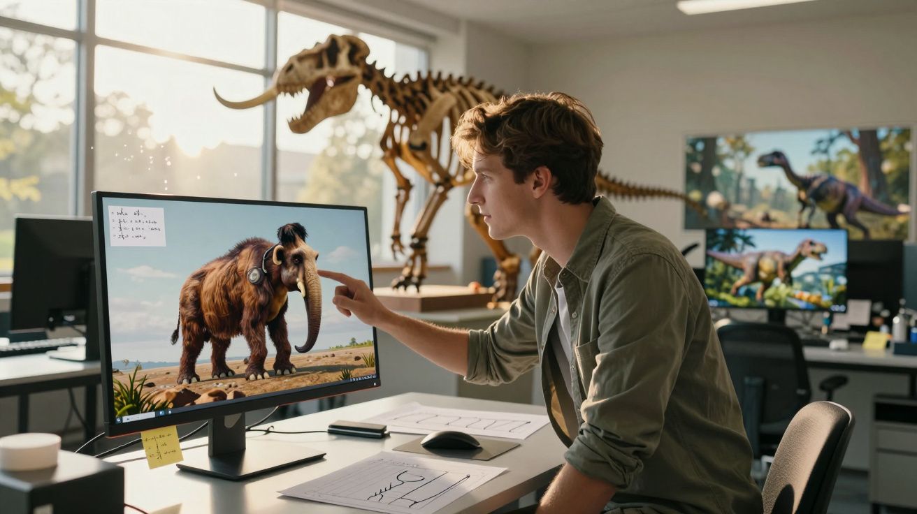 Homem jovem em escritório vendo imagem digital de mamute numa secretária com esqueletos de dinossauros ao fundo.