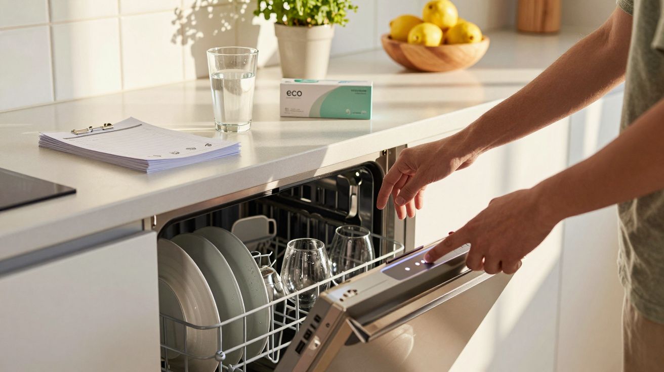 Pessoa a ligar uma máquina de lavar loiça numa cozinha moderna com copos, pratos e comprimidos de detergente eco.