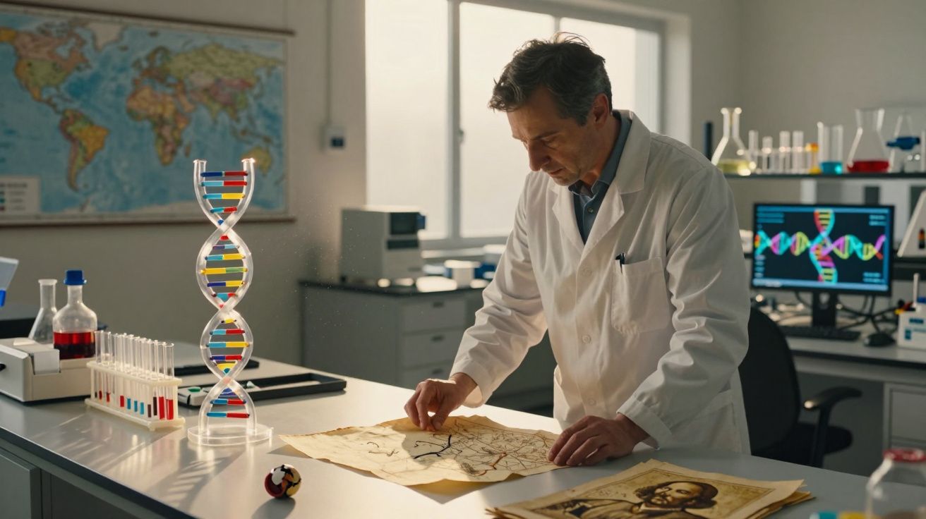 Cientista num laboratório a analisar mapas antigos com modelo de ADN e amostras de tubos de ensaio à sua frente.