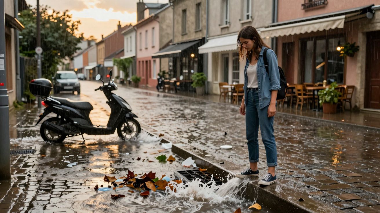 Mulher observa água a sair de grelha numa rua molhada com folhas e mota estacionada ao fundo.