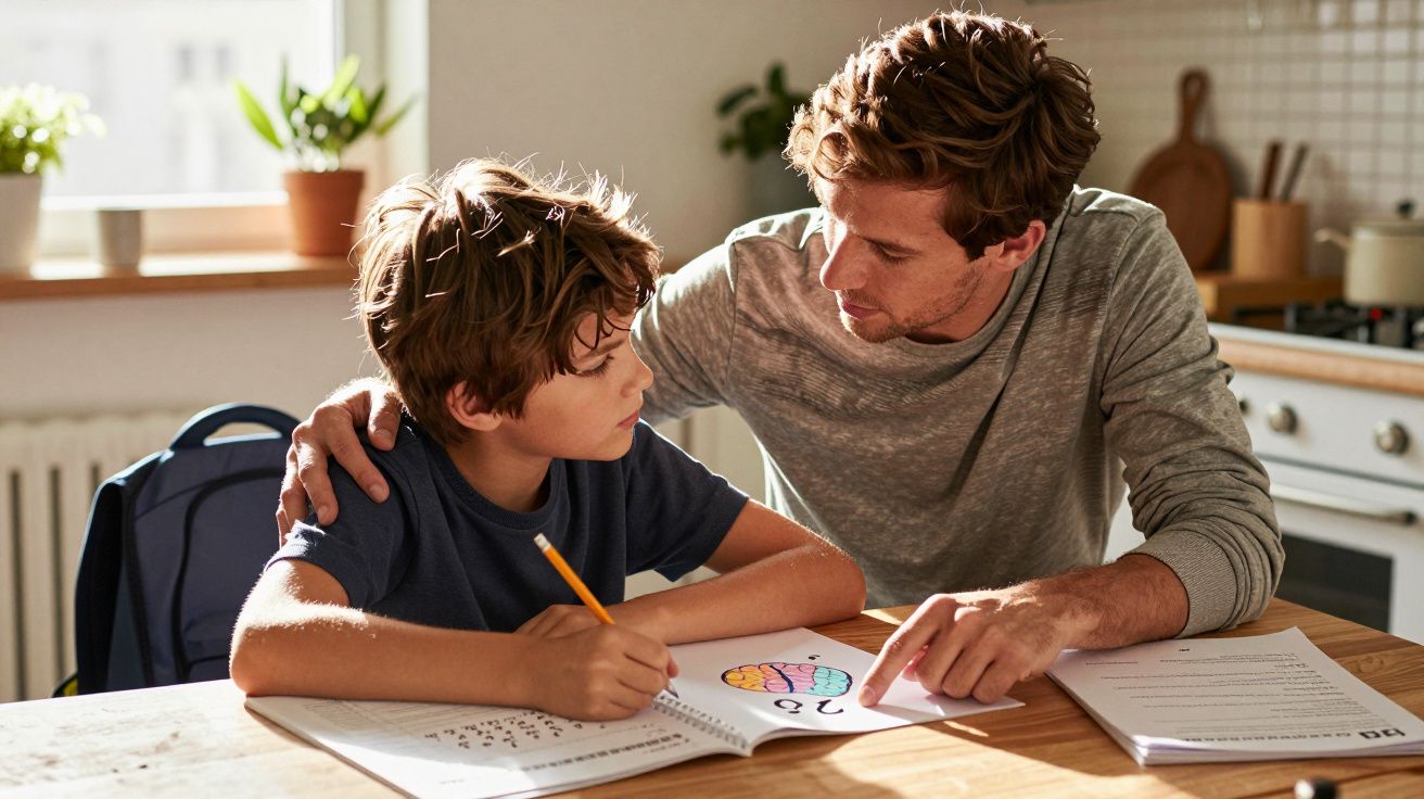 Homem ajuda menino com os estudos sentado à mesa na cozinha, com cadernos e desenhos à frente.