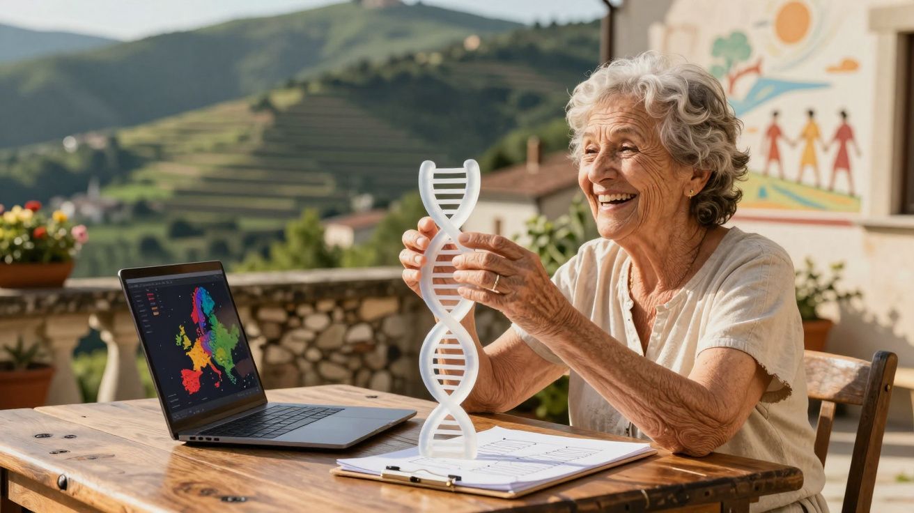 Idosa sorridente segura modelo de DNA sentada à mesa com laptop aberto mostrando mapa da Europa ao ar livre.