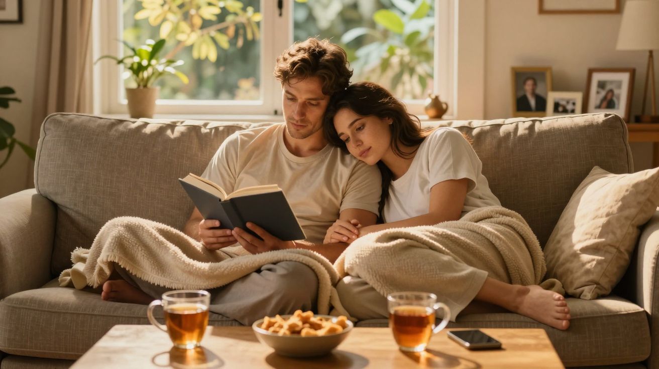 Casal aconchegado no sofá a ler um livro, com mantas, chá e snacks numa sala iluminada e acolhedora.