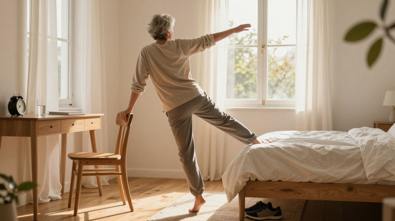 Pessoa idosa a fazer alongamentos em quarto iluminado, segurando numa cadeira de madeira.