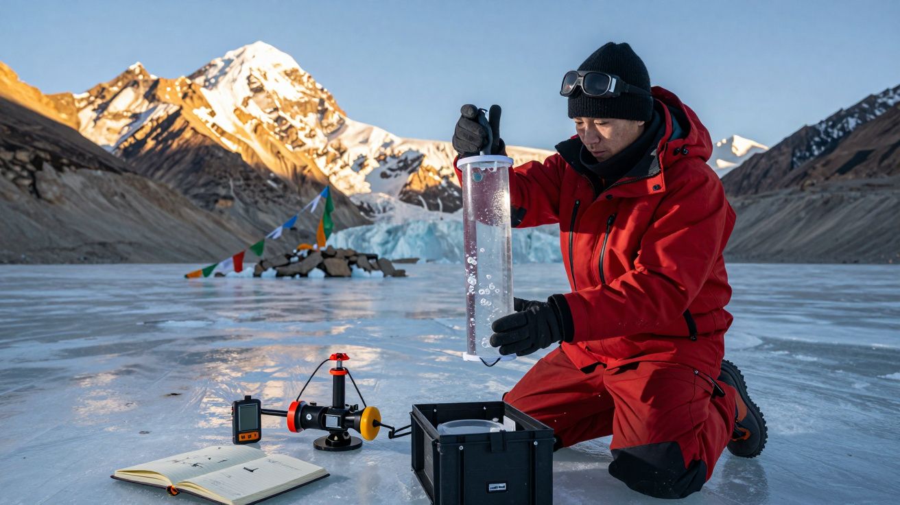 Homem equipado em roupa vermelha coleta amostra de água num lago congelado com montanhas ao fundo.