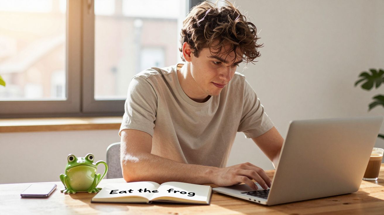Jovem a trabalhar num computador portátil com um livro aberto onde se lê "Eat the frog" e um coador de chá em forma de rã.