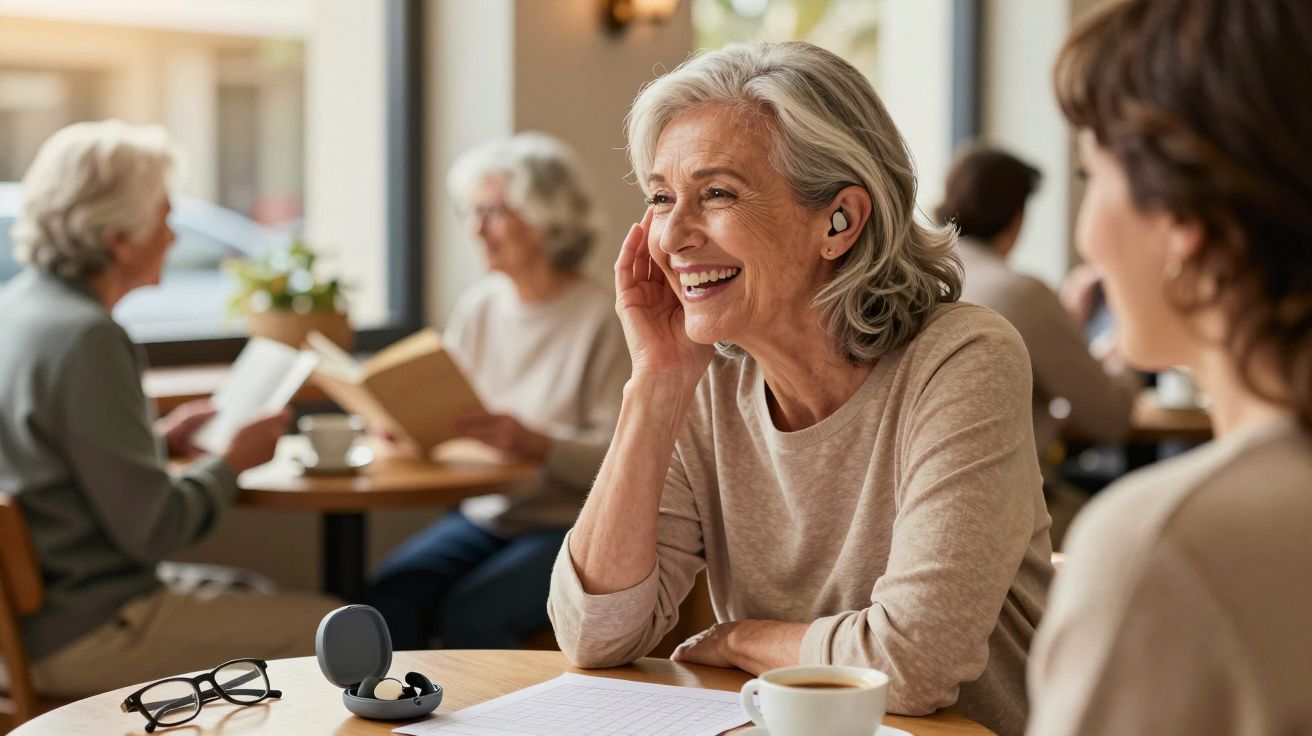 Mulher sénior sorridente com auricular sem fios numa mesa de café, conversando com amiga.