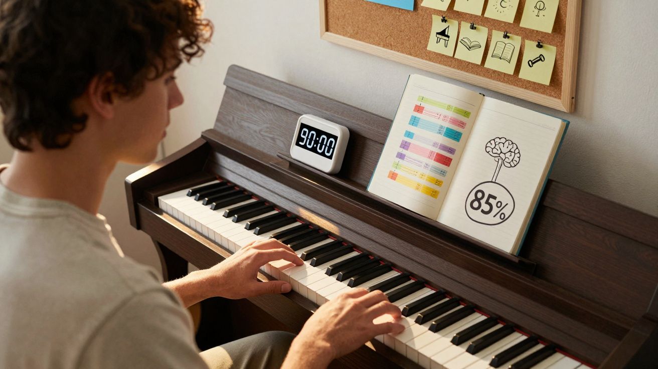 Pessoa a tocar piano com livro aberto e temporizador a marcar 90 minutos numa secretária com quadro de notas.