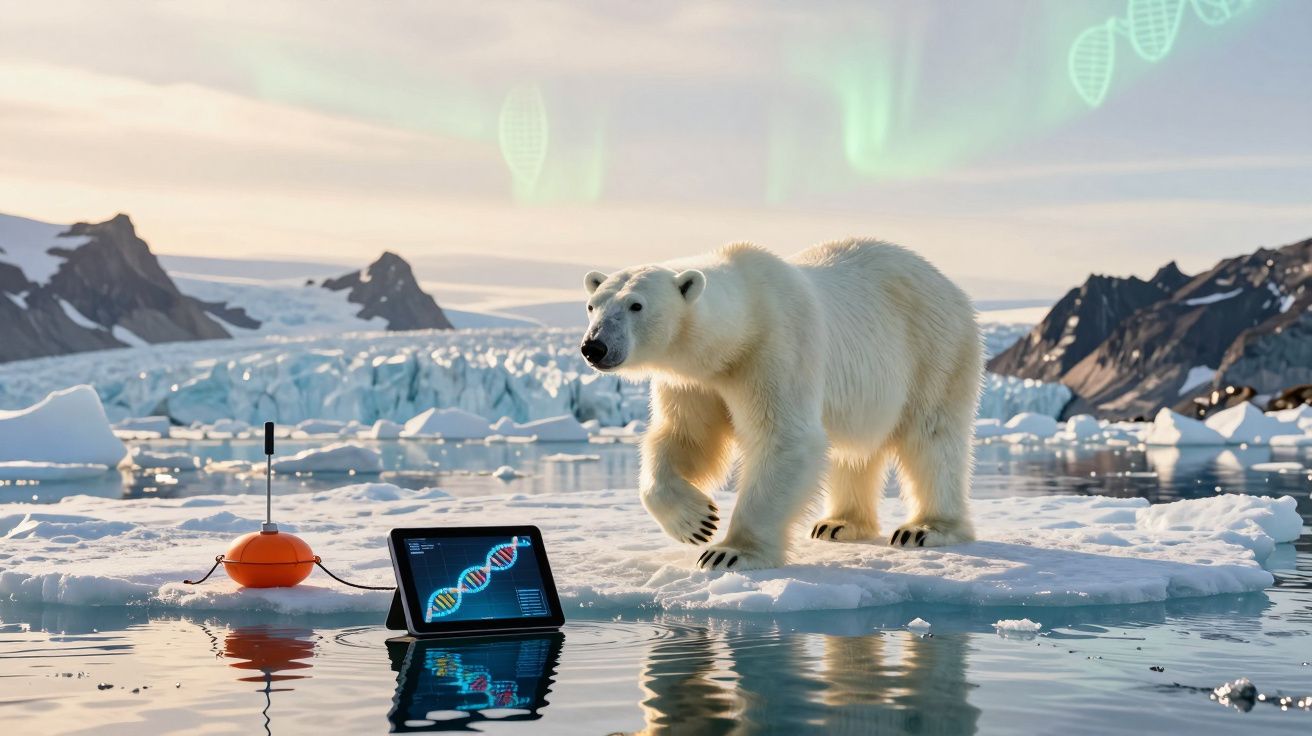 Urso polar sobre bloco de gelo no Ártico com tablet e bóia flutuante na água.