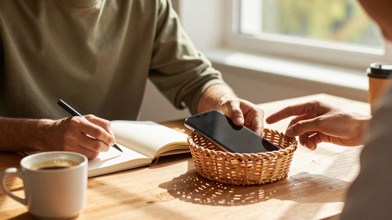Pessoas numa mesa com uma mão a guardar um telemóvel numa cesta de verga e outra pessoa a escrever num caderno.