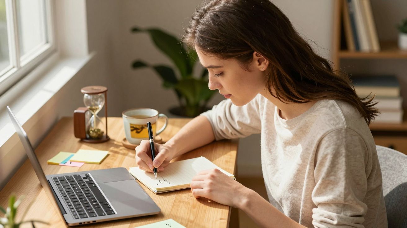 Mulher a escrever num caderno sentada à secretária com um computador portátil e uma caneca ao lado.