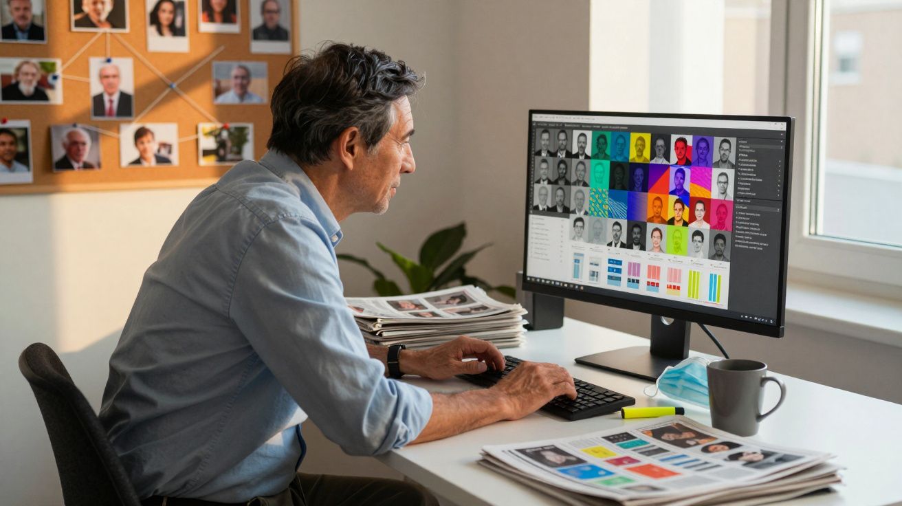 Homem a trabalhar num computador com imagens coloridas e fotografias numa secretária organizada.