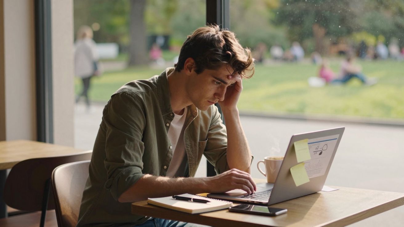 Jovem a trabalhar concentrado num portátil numa mesa com caderno, telemóvel e chá junto a janela com vista para jardim.