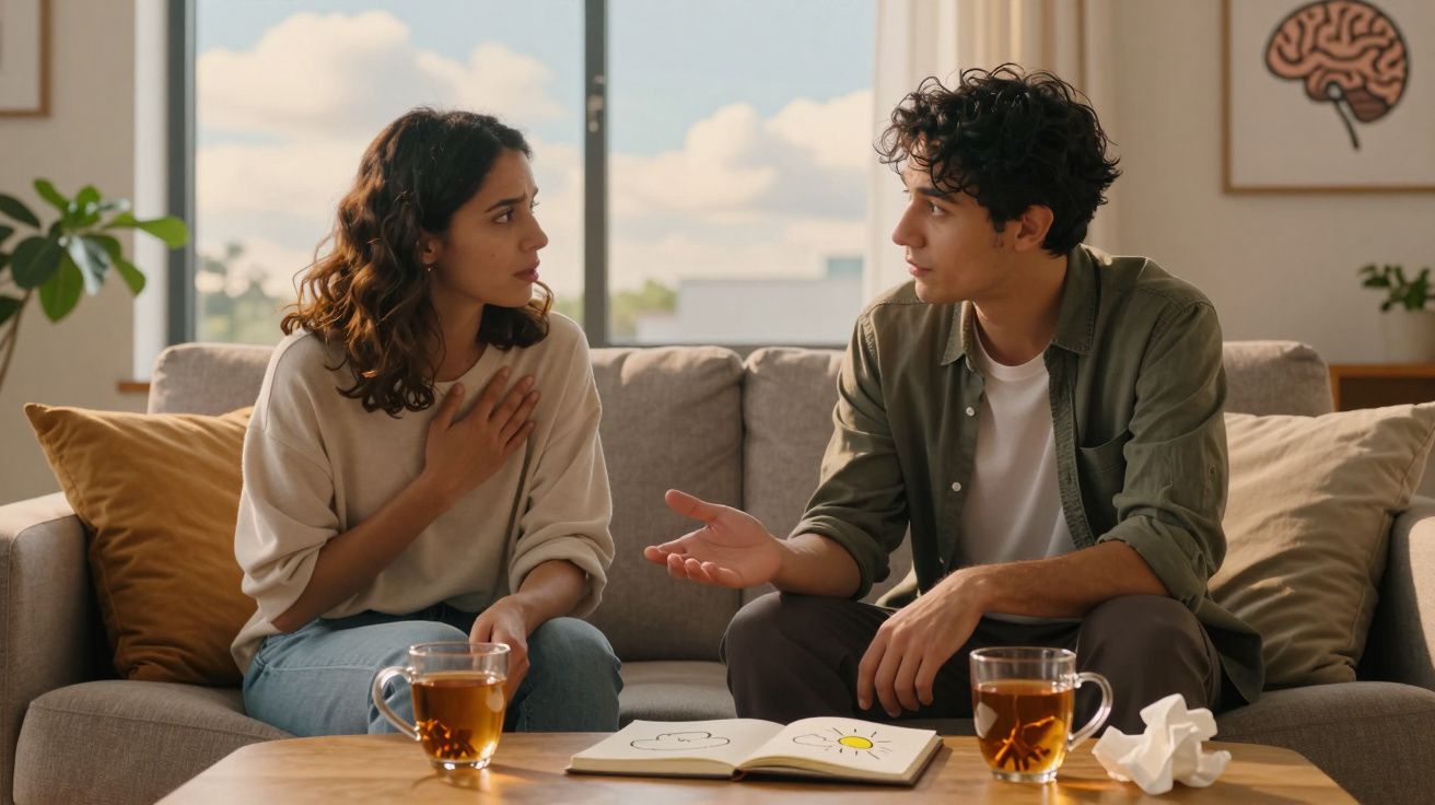 Duas pessoas sentadas no sofá a ter uma conversa séria com duas chávenas de chá numa mesa à frente.