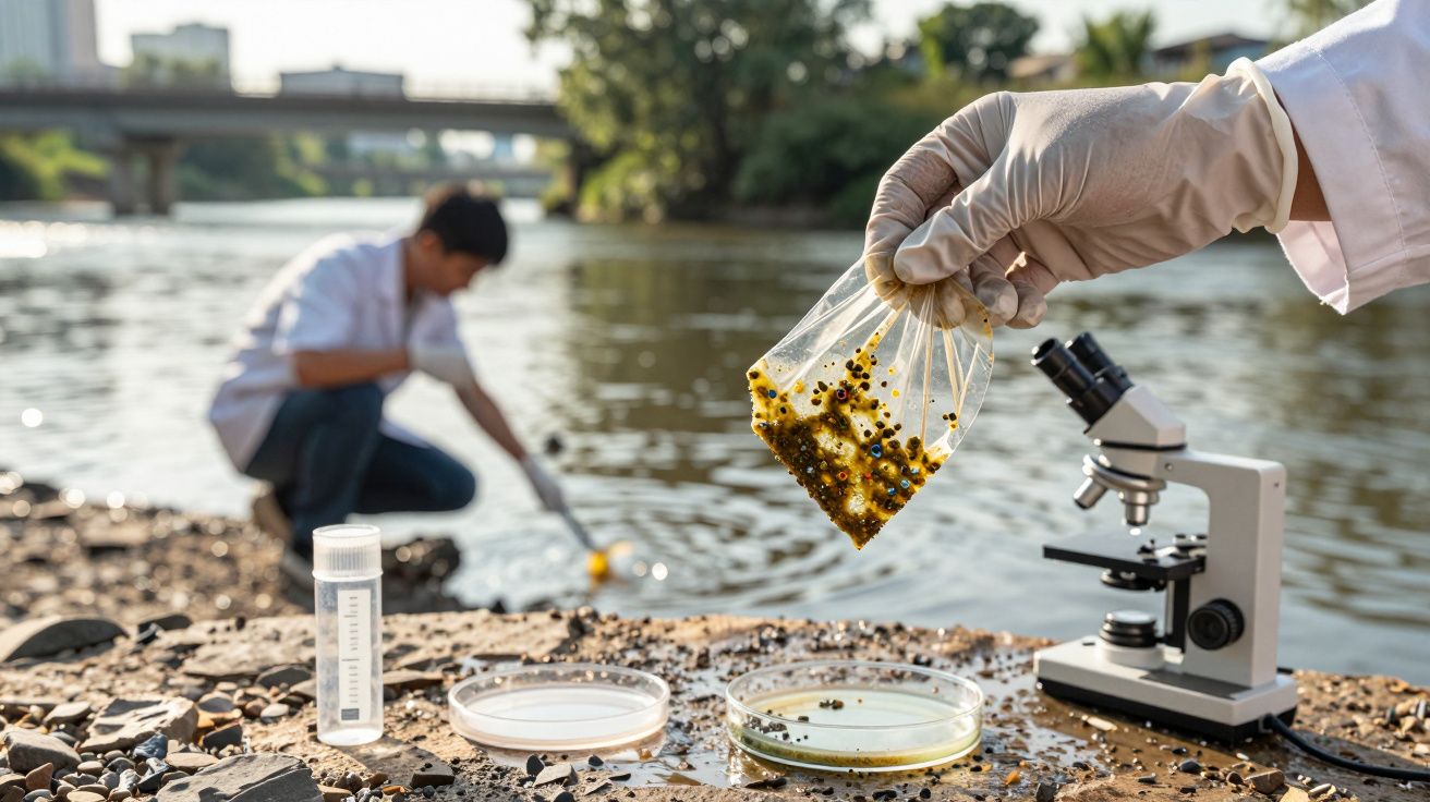 Cientista com luva segura amostra de água poluída recolhida junto a rio para análise laboratorial.