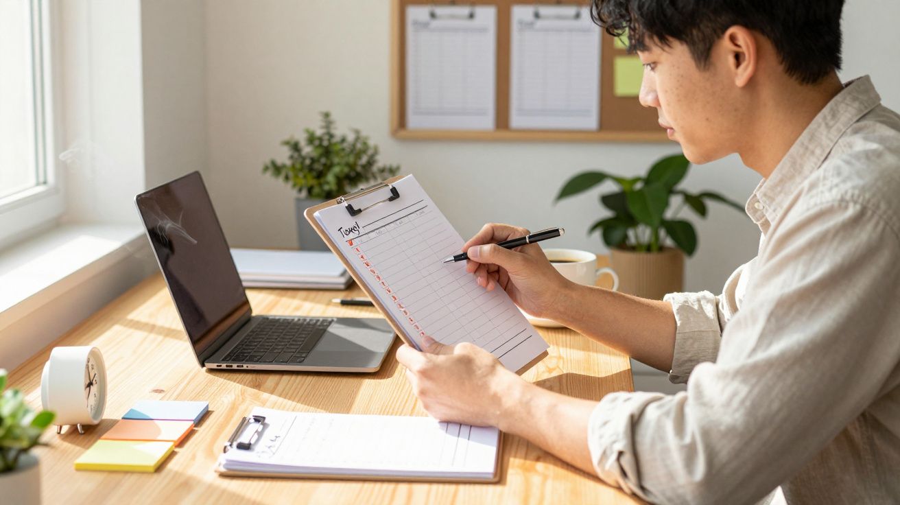 Pessoa sentada a escrever numa lista diária num ambiente de trabalho doméstico iluminado pela luz natural.