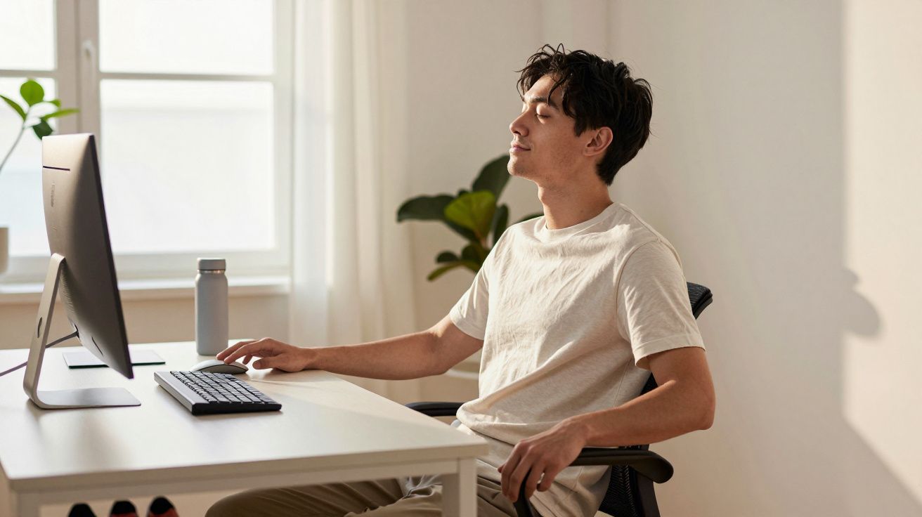 Homem sentado na cadeira de escritório com olhos fechados a relaxar perto do computador numa sala iluminada.