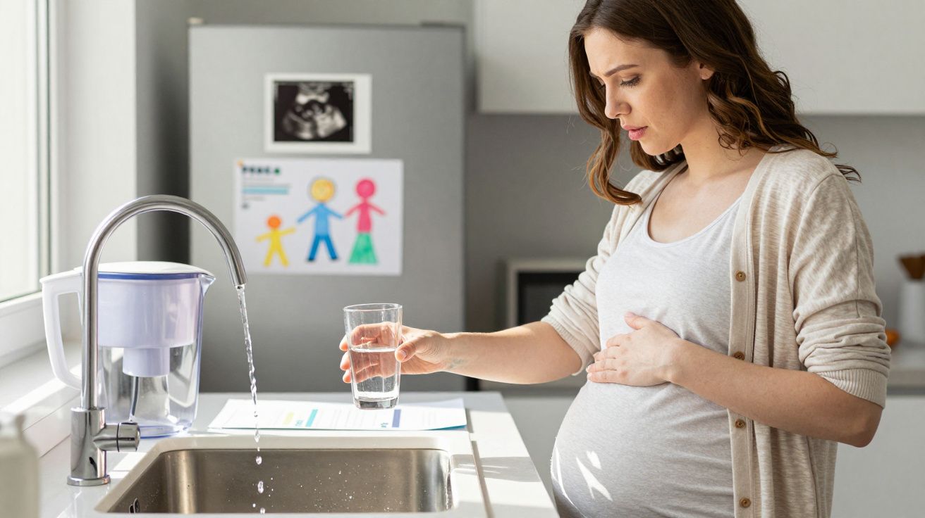 Mulher grávida a encher copo de água na cozinha junto à pia com desenhos na parede ao fundo.