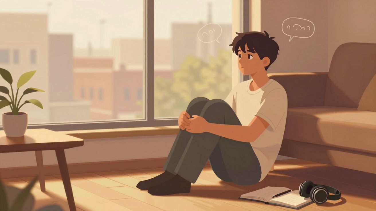 Rapaz sentado no chão perto da janela, pensativo, com caderno e auscultadores ao lado, em sala iluminada.