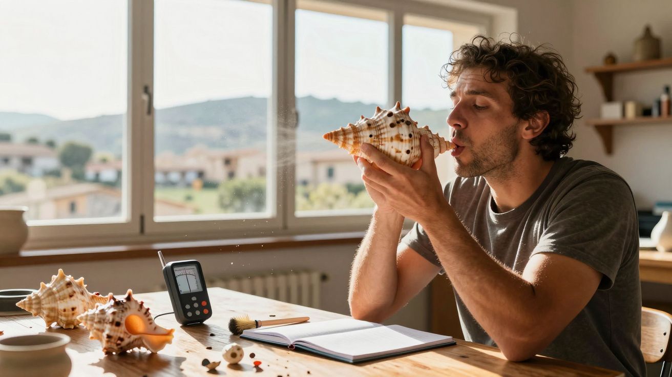 Homem sentado numa mesa, a soprar numa concha de mar que liberta partículas no ar, com caderno aberto à frente.