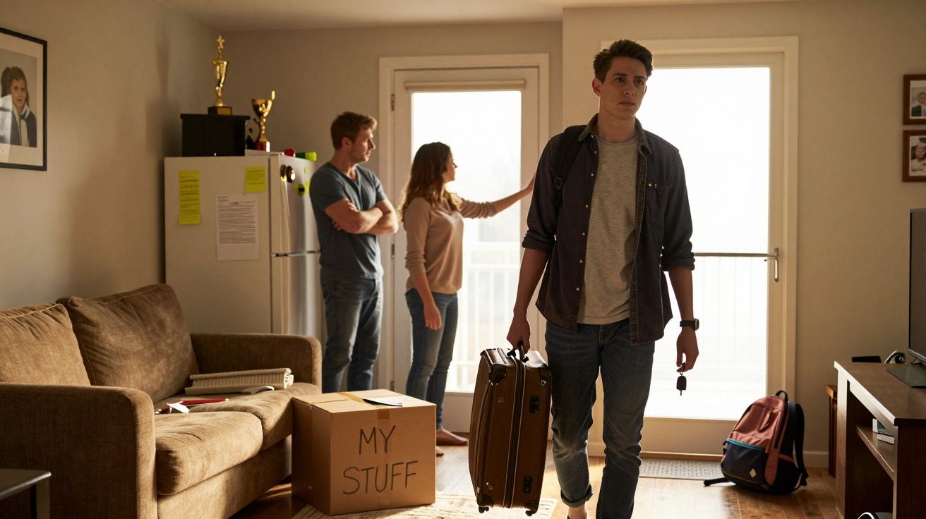 Jovem a sair de casa com mala, casal ao fundo junto à porta, caixa com etiqueta "my stuff" na sala.