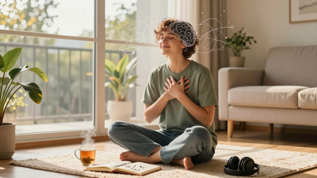 Pessoa sentada de pernas cruzadas no chão de sala, olhos fechados e mãos no peito, em postura relaxada e meditativa.