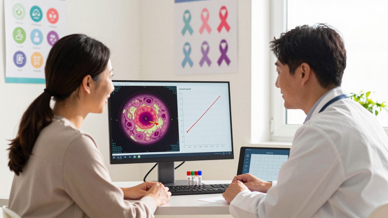 Paciente e médico analisam exame oncológico e gráfico num consultório iluminado.