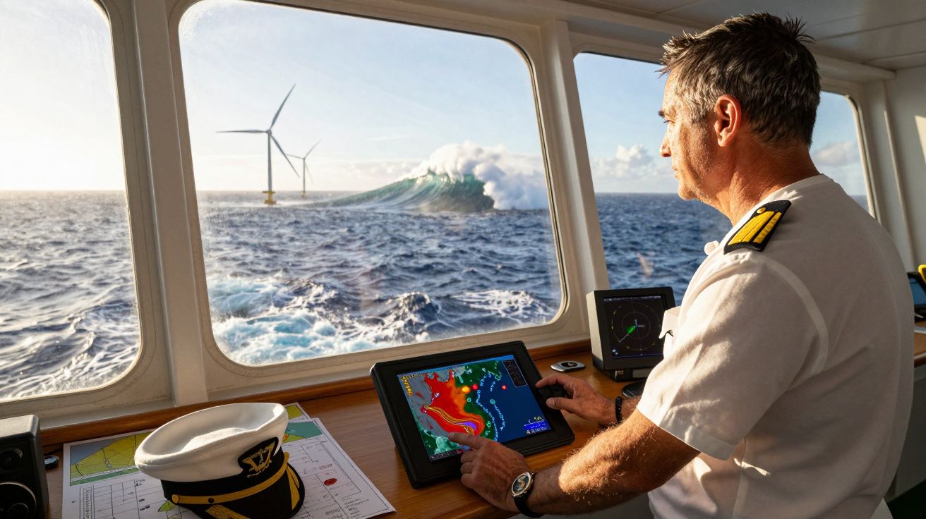 Homem com uniforme naval navega barco, observando turbinas eólicas e onda grande pelo vidro da cabine.