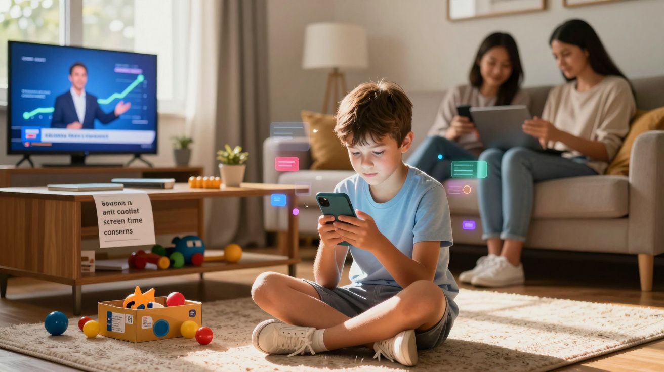 Criança sentada no chão a usar telemóvel com mensagens digitais, enquanto duas mulheres estão no sofá a usar tablet.