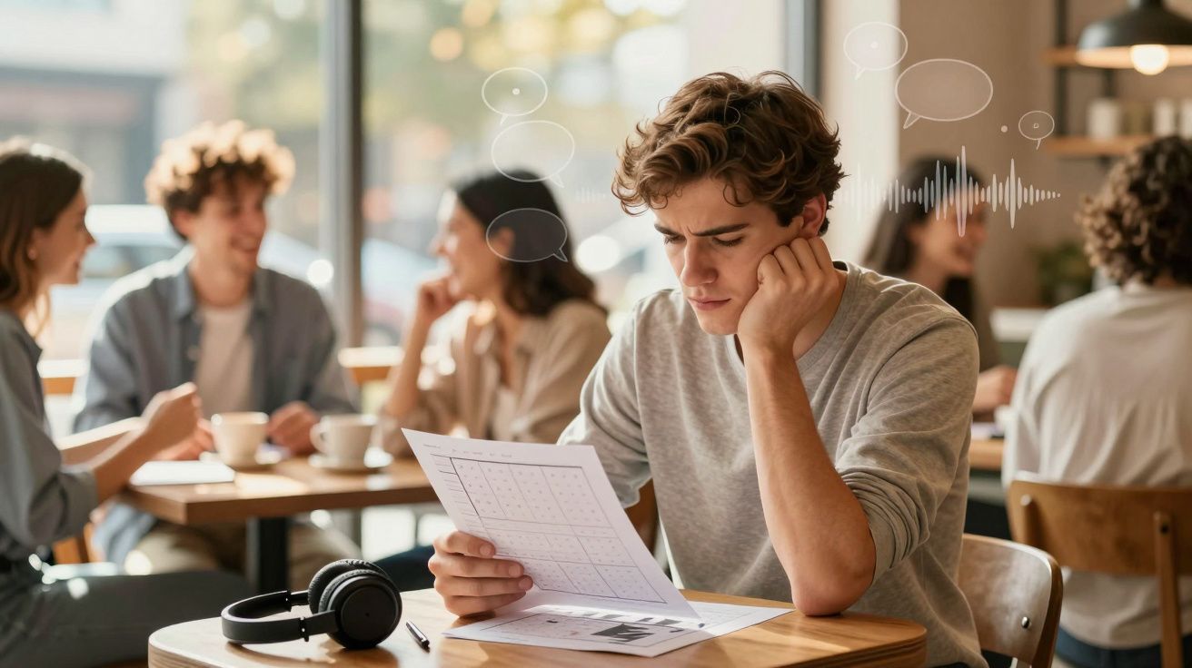 Jovem concentrado a estudar num café enquanto outras pessoas conversam ao fundo.