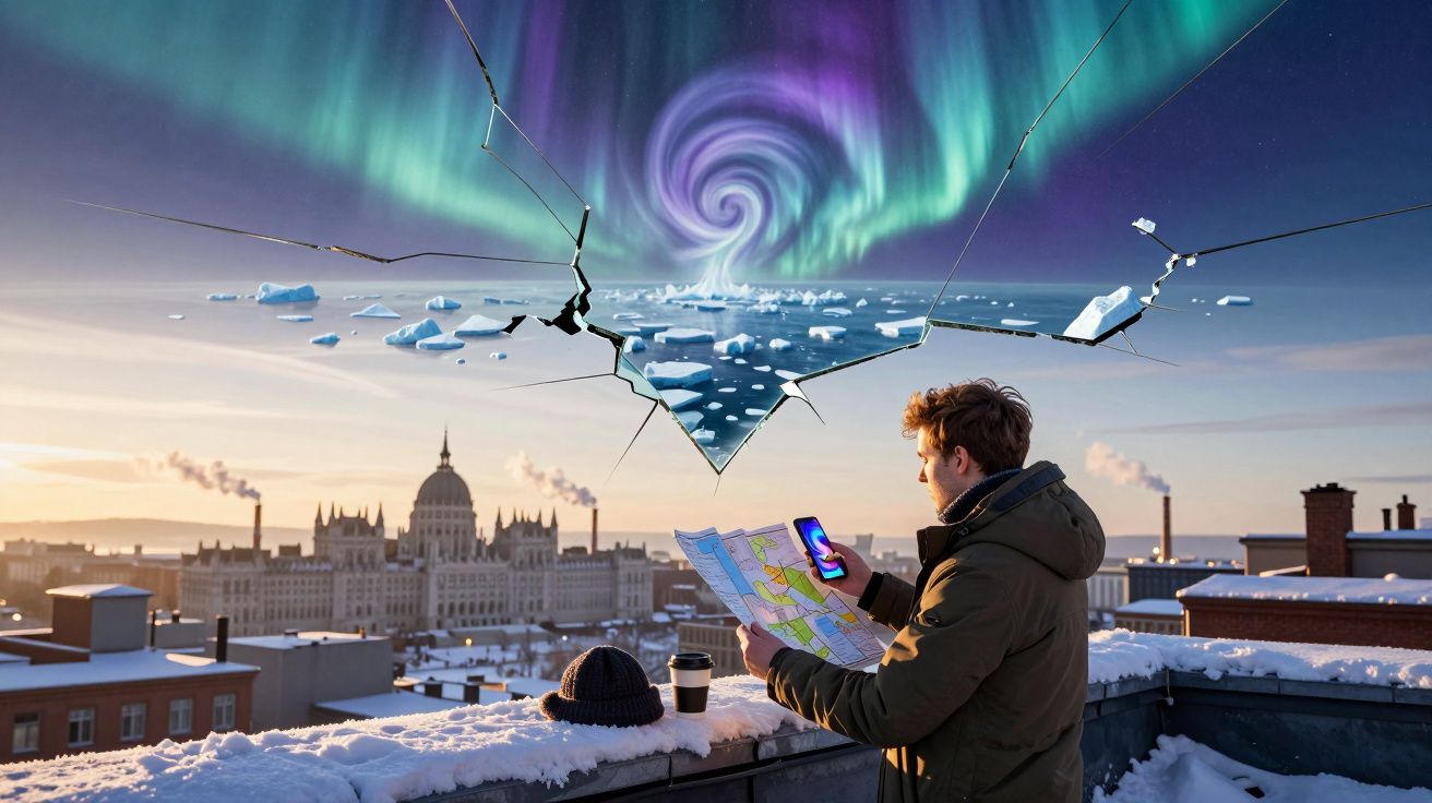 Homem com mapa e telemóvel numa varanda nevada observa céu estrelado com aurora em espiral e gelo quebrado.
