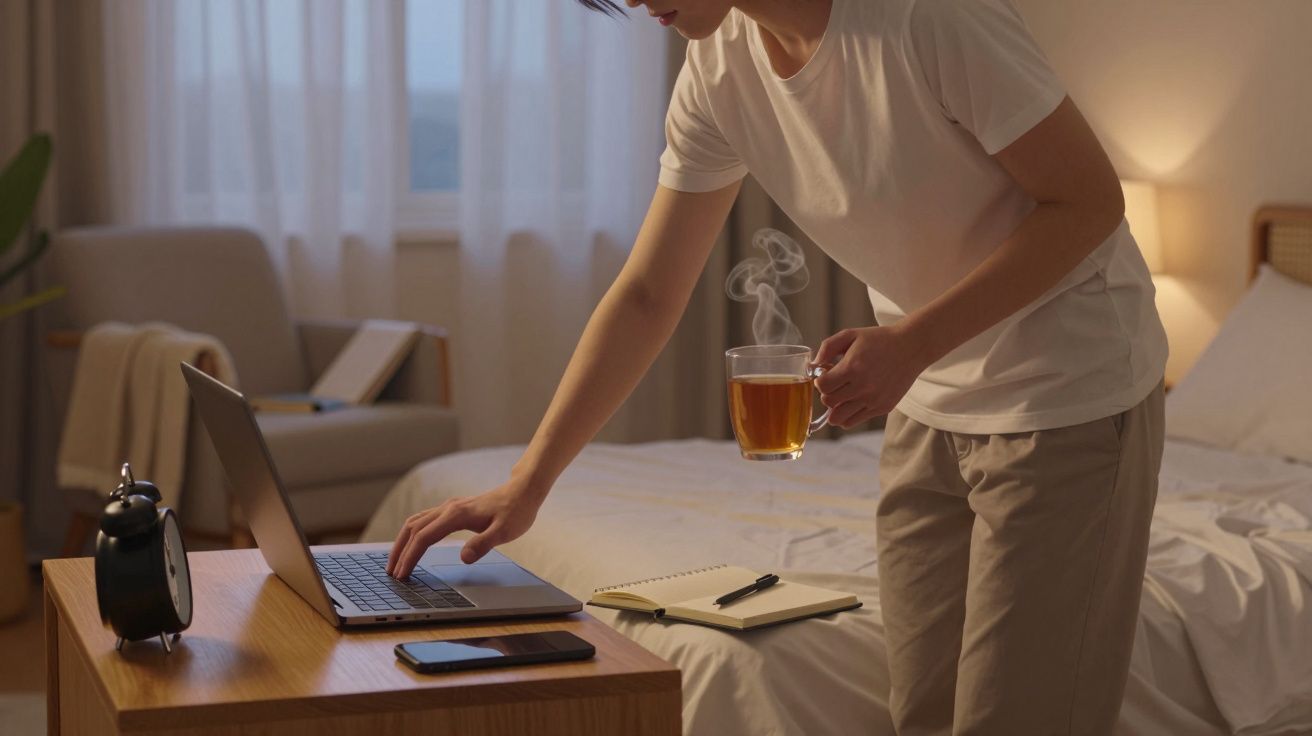 Pessoa a usar portátil numa mesa ao lado da cama, segurando chá quente numa mão, em quarto iluminado.