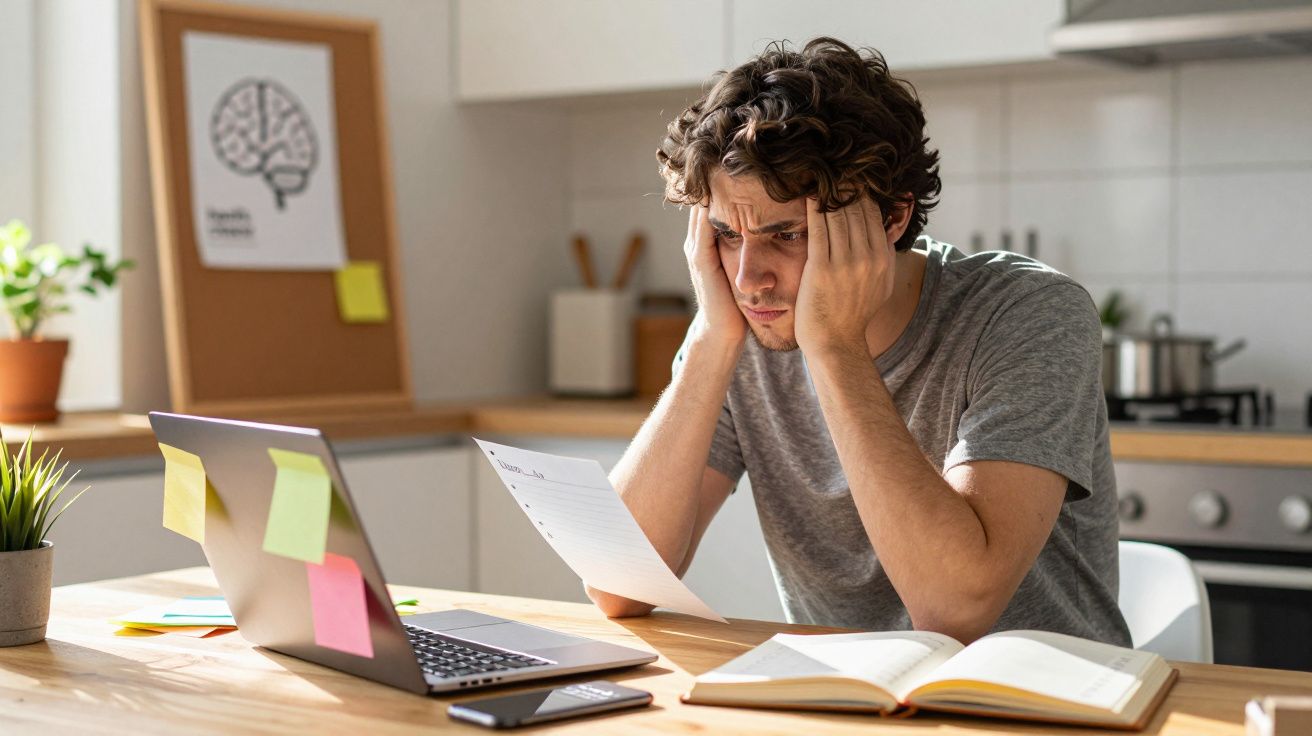 Jovem preocupado a analisar papel, sentado à mesa com computador, smartphone e livro aberto numa cozinha moderna.