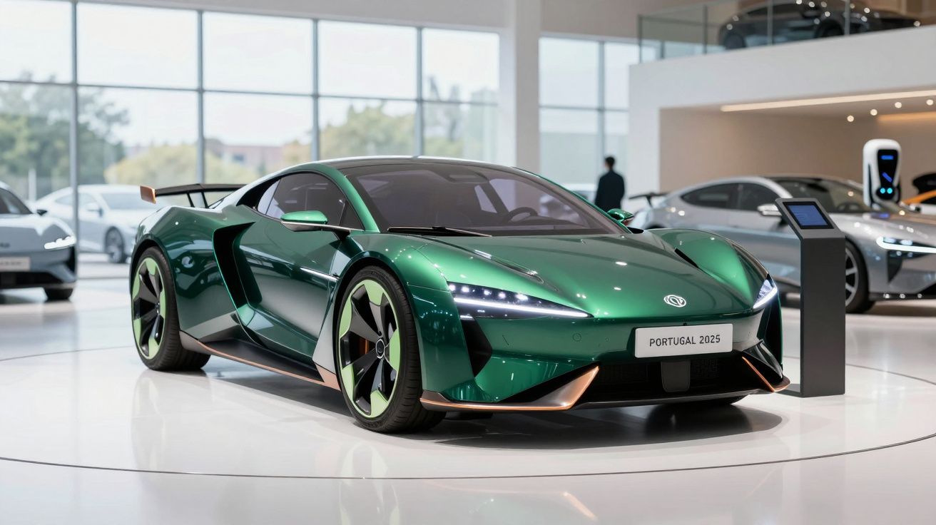 Carro desportivo verde metálico com design futurista em exposição num salão automóvel moderno.