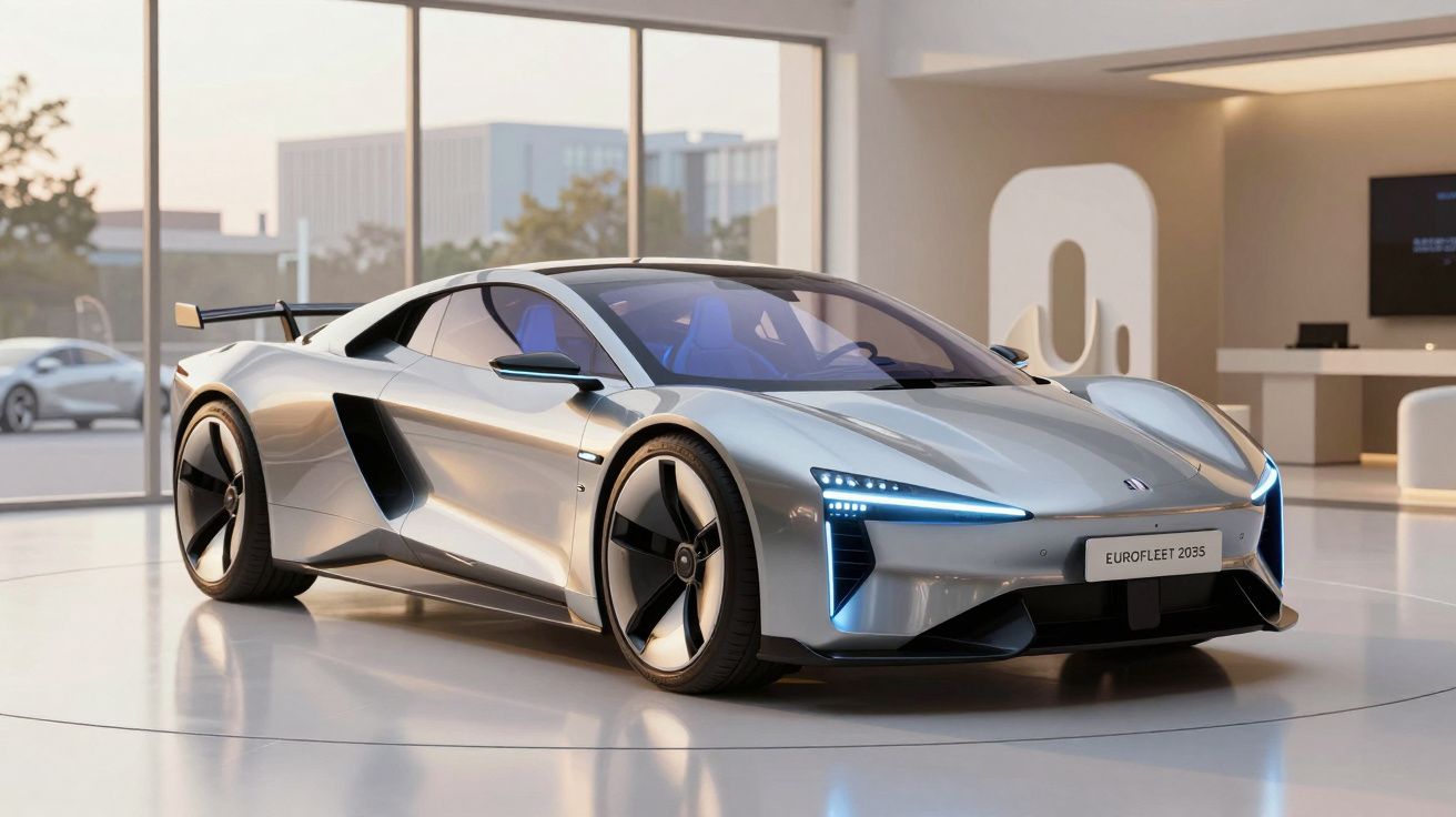 Carro desportivo futurista prateado exposto numa sala moderna com grandes janelas de vidro.