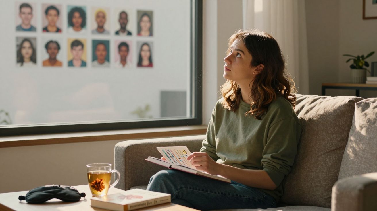 Mulher sentada no sofá a olhar para cima, segurando caderno, com chá e livro numa mesa perto.