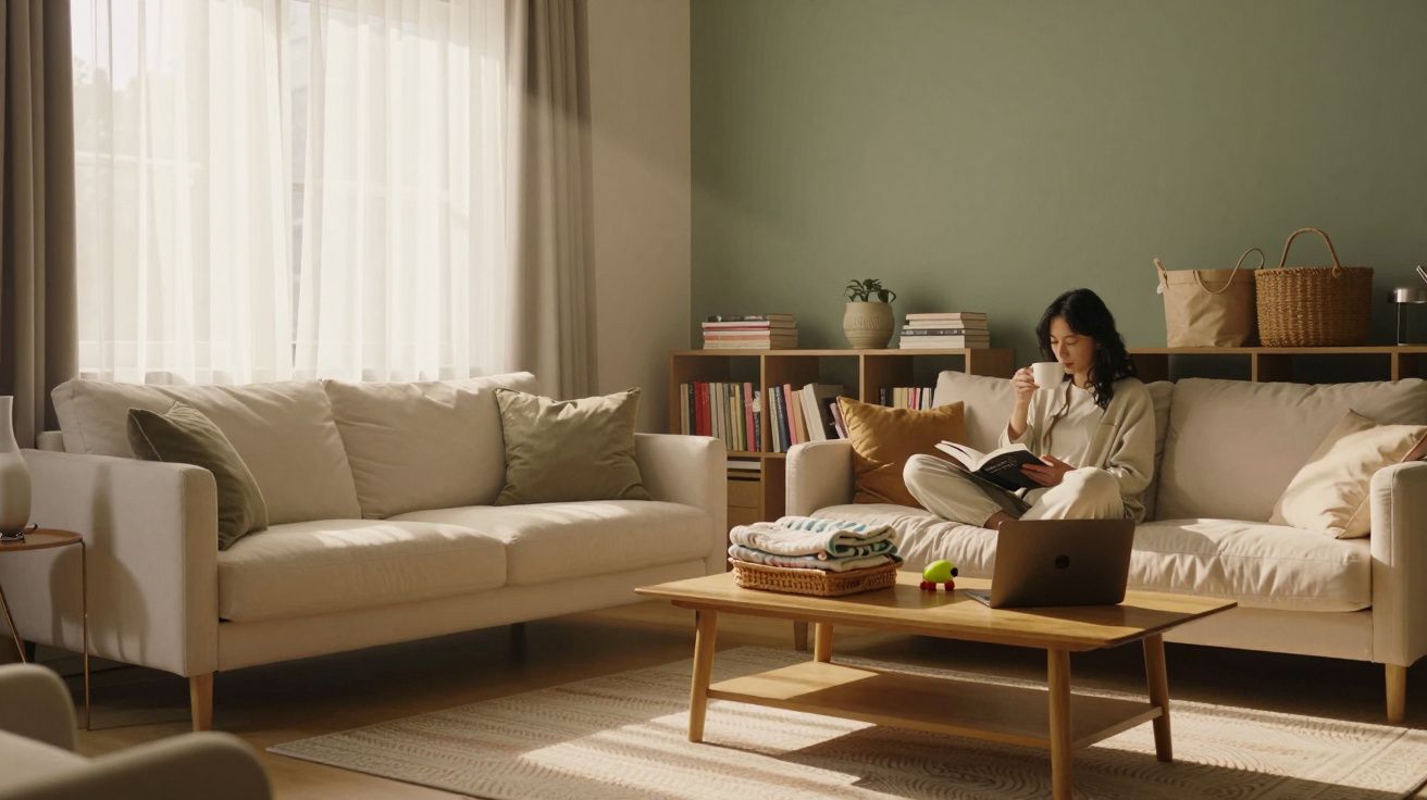 Sofás claros em sala iluminada, mulher sentada a ler e beber numa caneca, mesa de madeira com objetos.