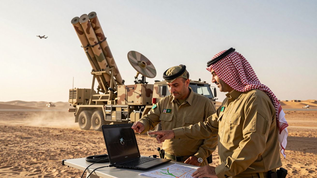 Dois homens em uniforme militar usam um portátil num deserto com equipamento militar ao fundo.