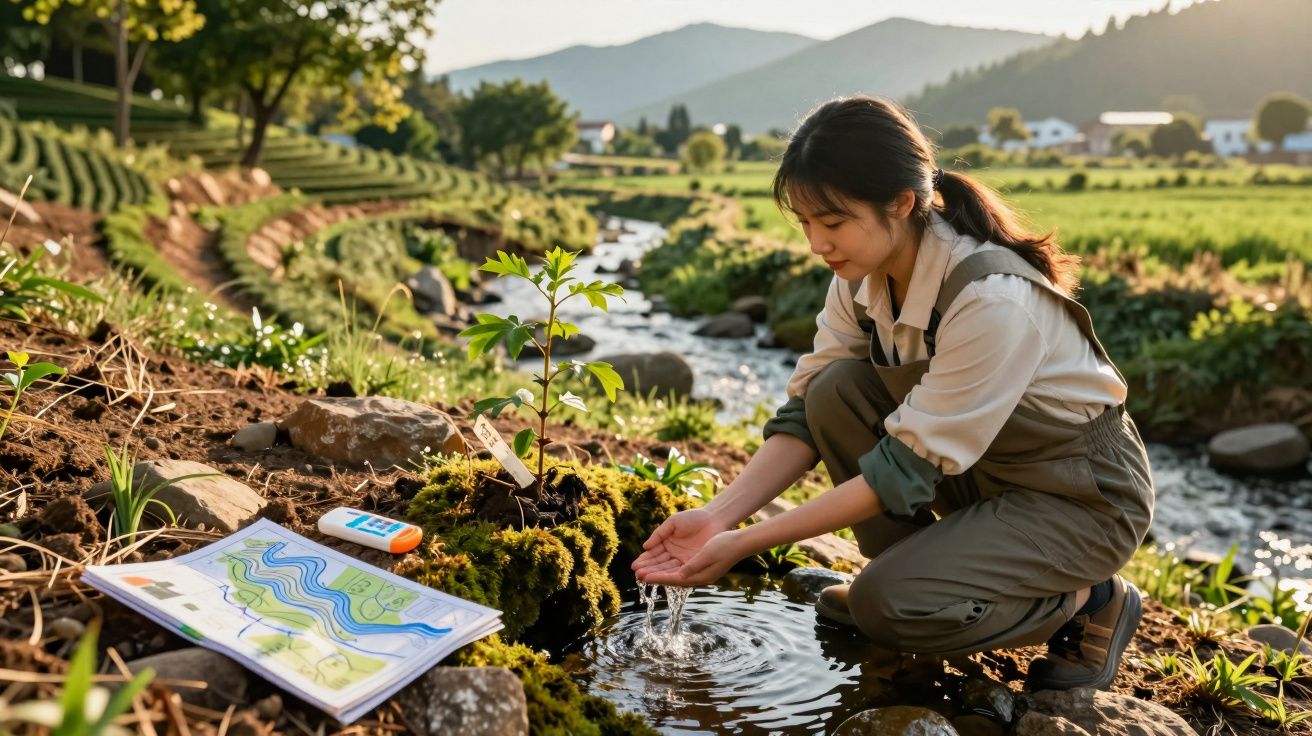 Mulher junta água de uma riacho perto de árvore jovem num campo com montanhas ao fundo ao pôr do sol.